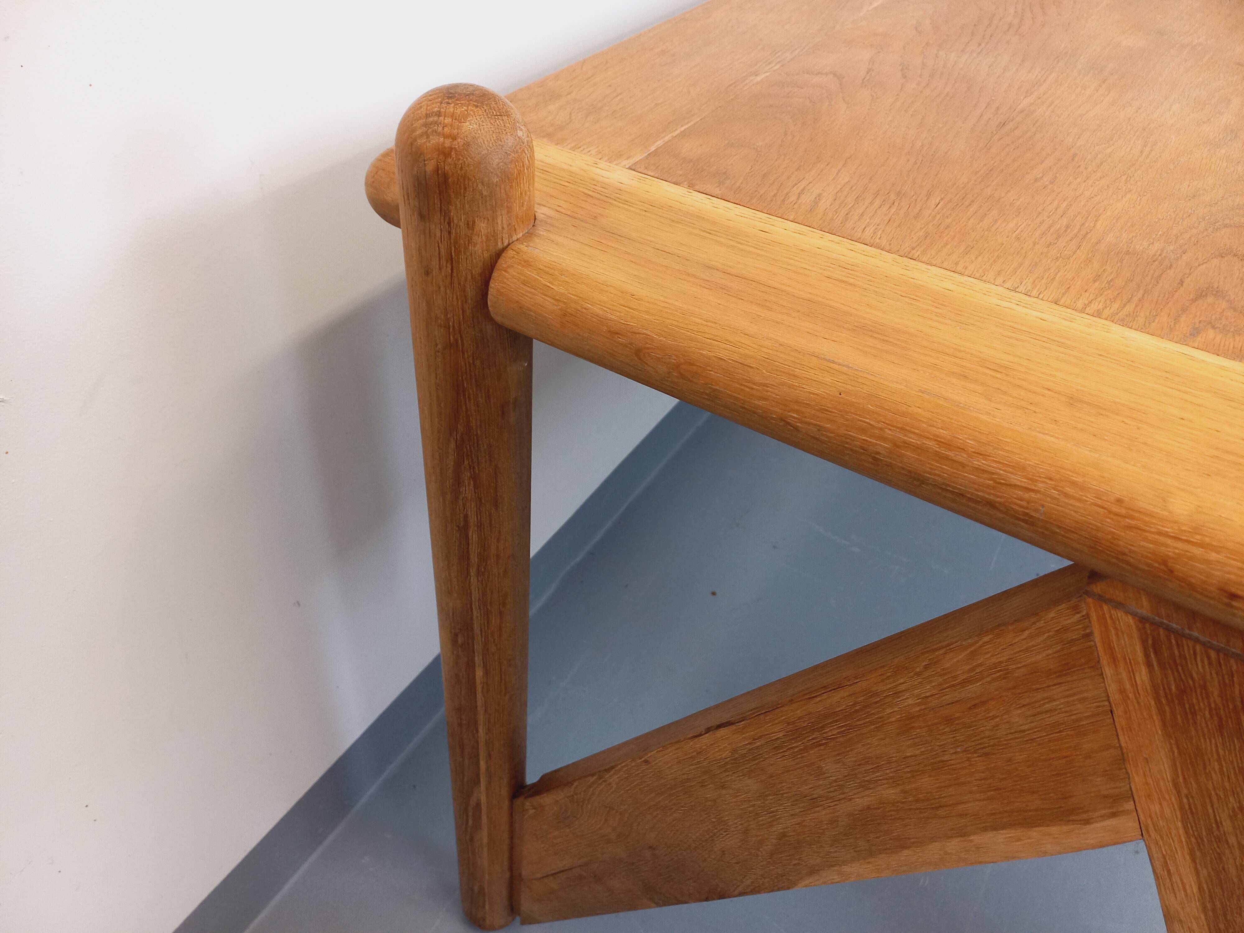 Large vintage brutalist rectangular table made of solid oak wood.