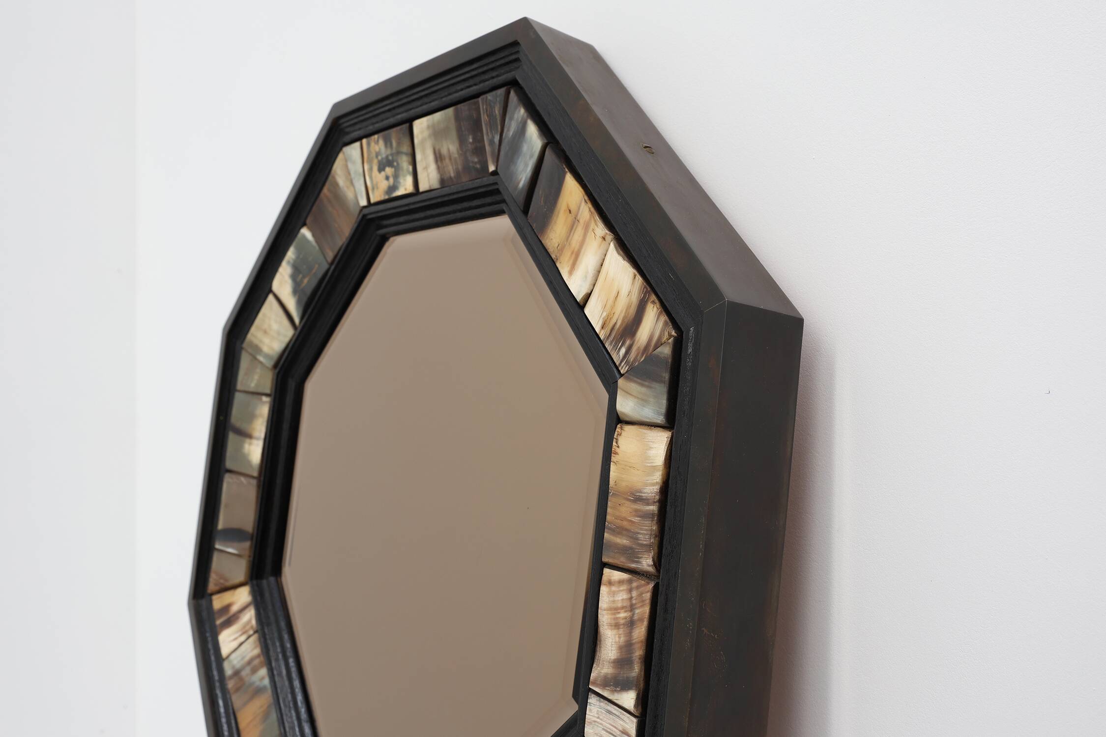 Brass and horn octagonal mirror with horn by Anthony Redmile, UK ca. 1980