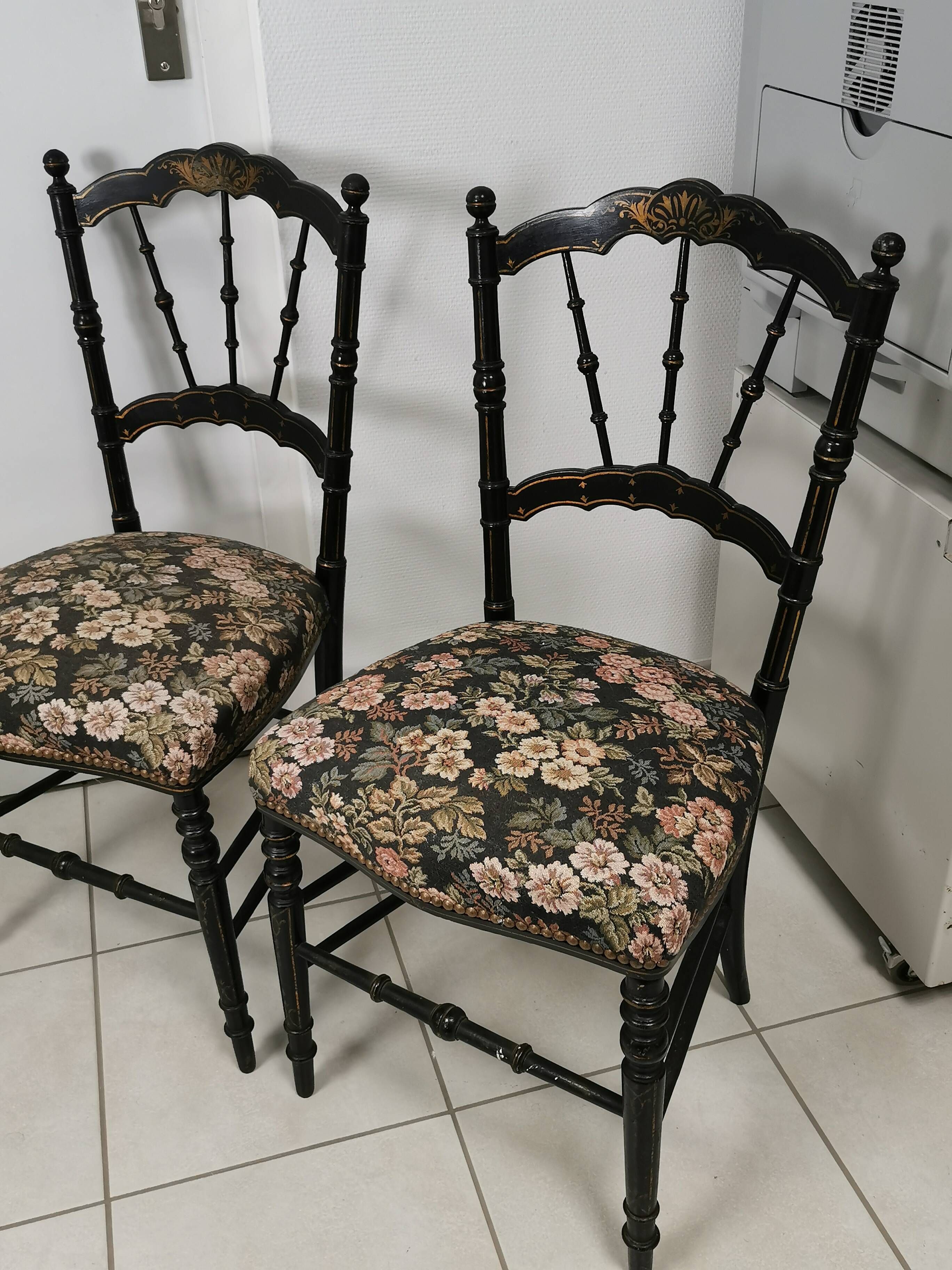 Pair of antique chairs, Napoleon III, blackened wood, reupholstered