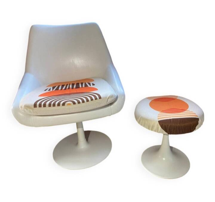 70s set of tulip-legged armchair and stool