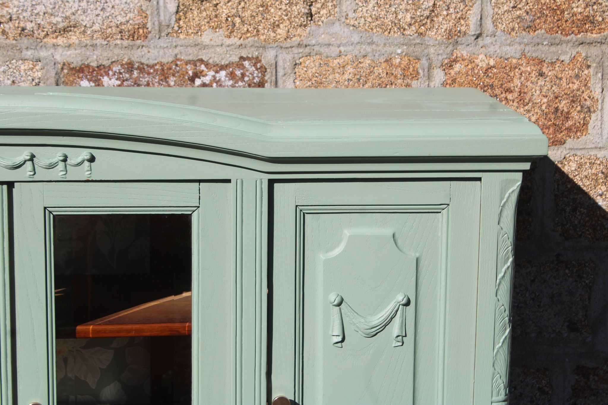 Renovated vintage sage green enfilade – wooden legs & bevelled display cabinets