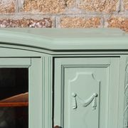 Renovated vintage sage green enfilade – wooden legs & bevelled display cabinets