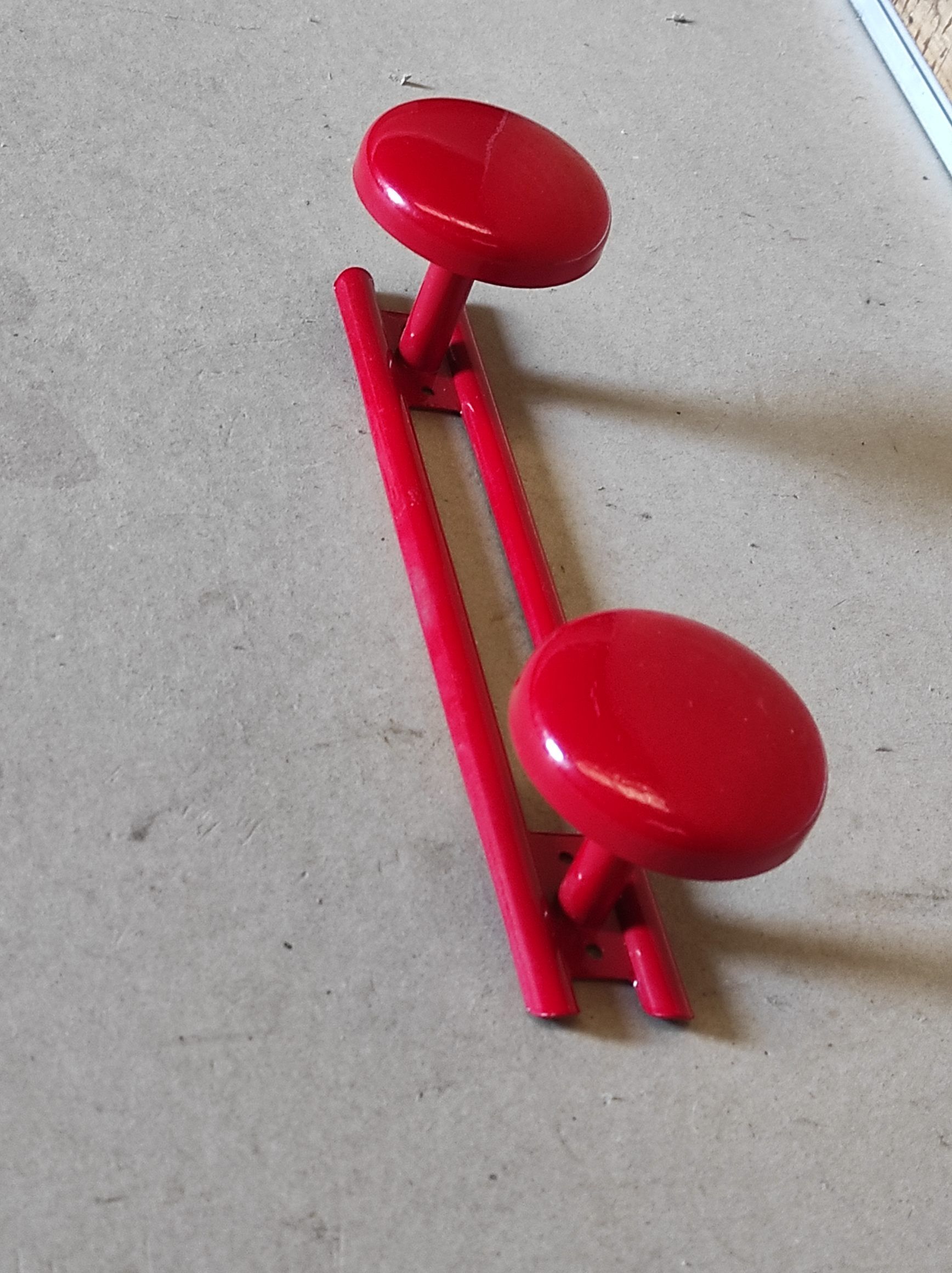 Old vintage wall coat rack 2 round metal hooks lacquered red new