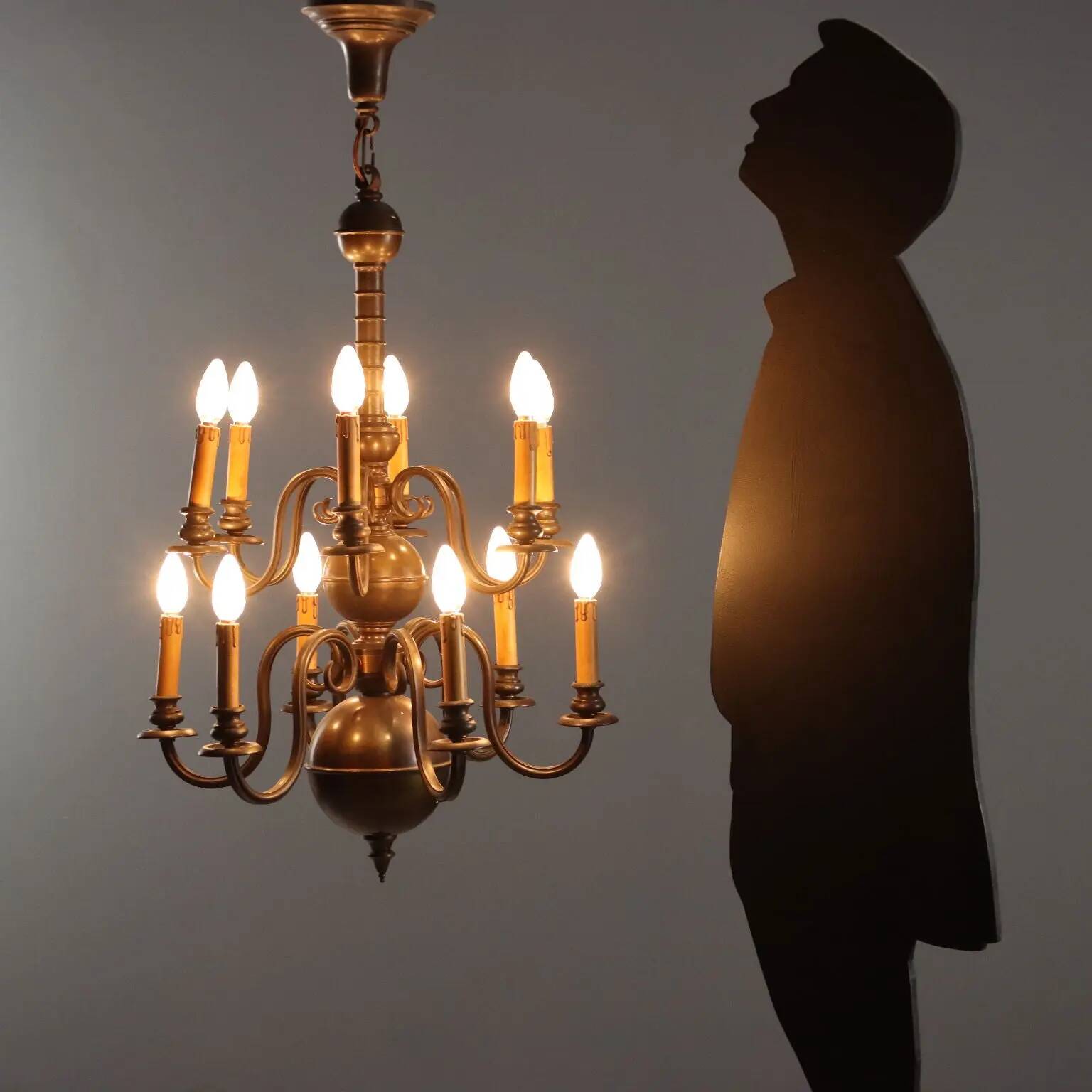 Antique bronze and glass chandelier with 12 lights, Netherlands, 20th century.