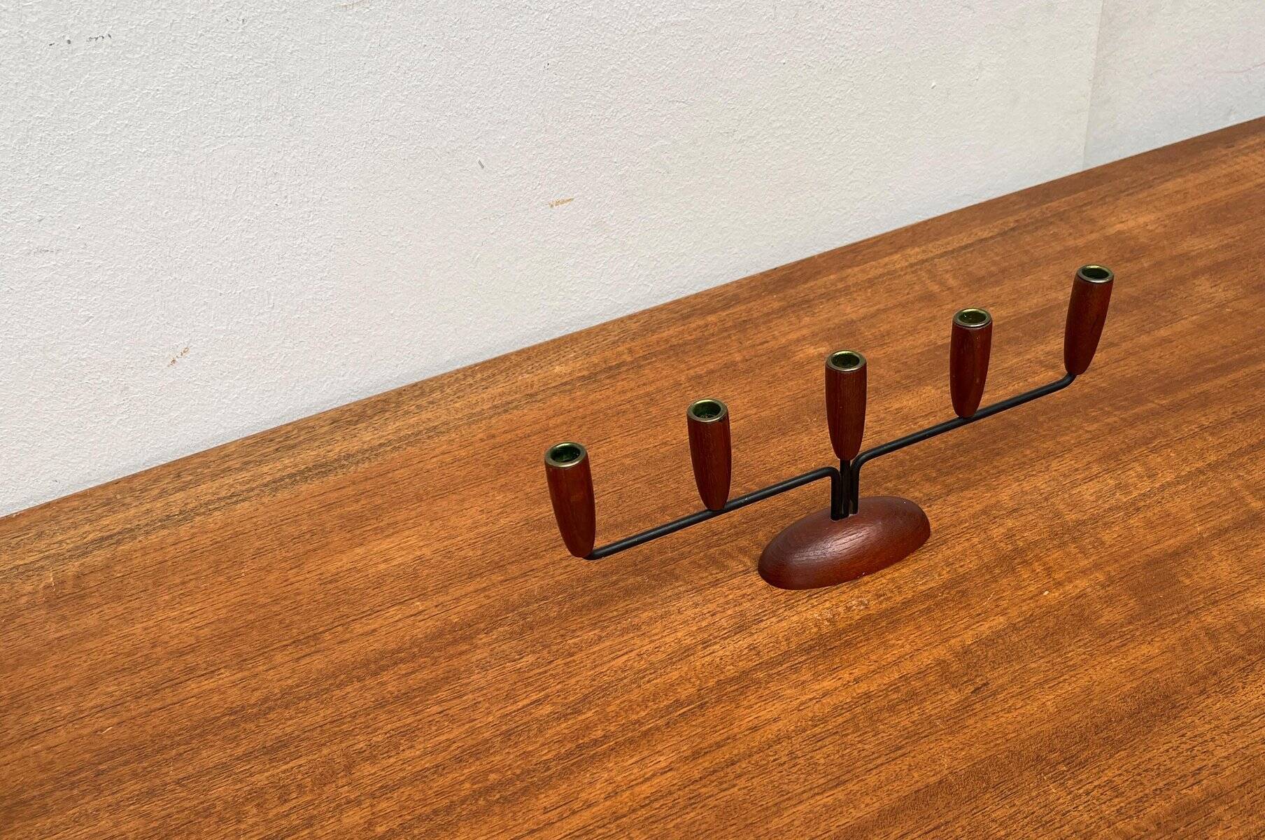 Teak candlestick in mid-century Danish string style, 1960s.