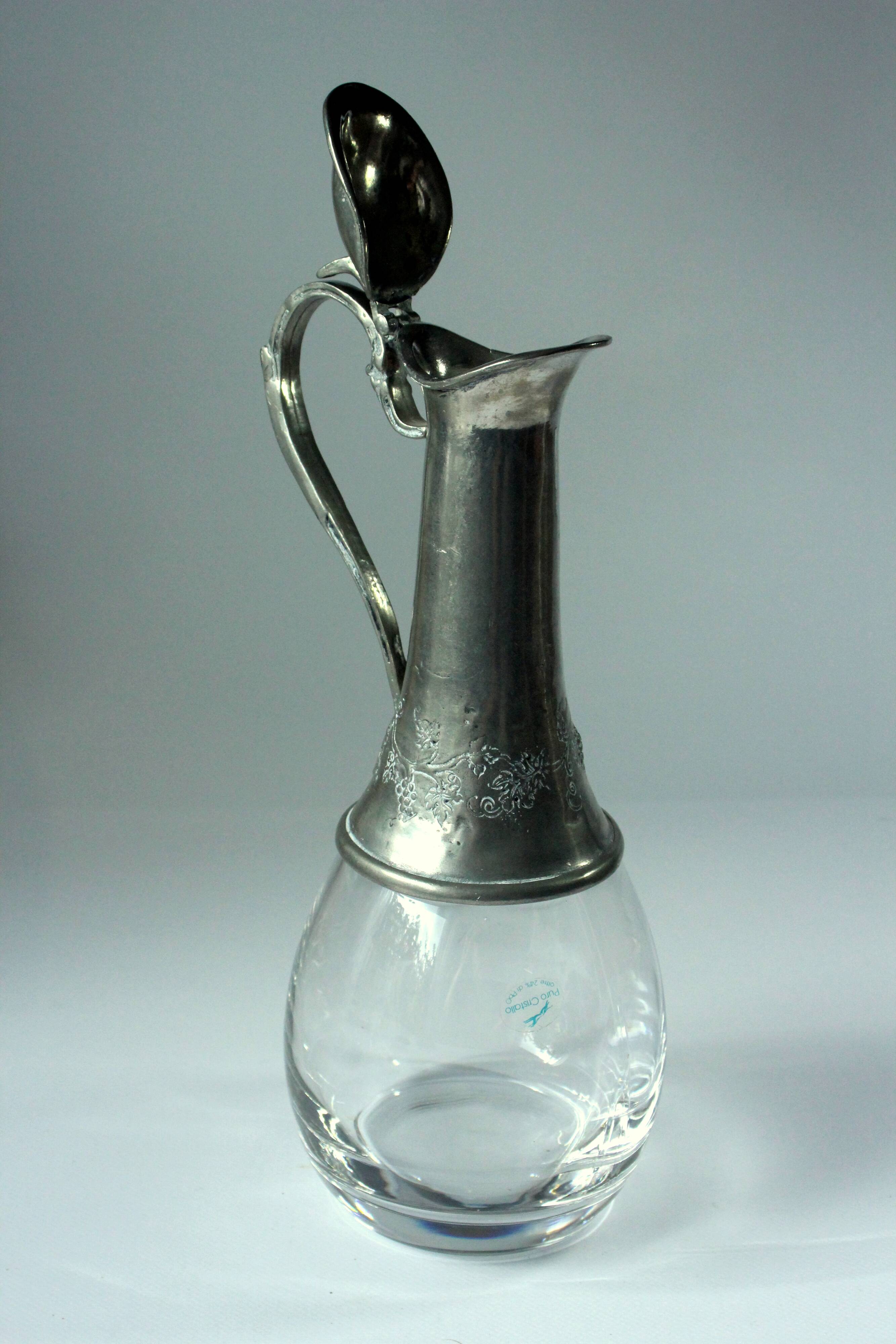 Carafe à vin en cristal et métal, fabriquée en italie, vintage des années 1960