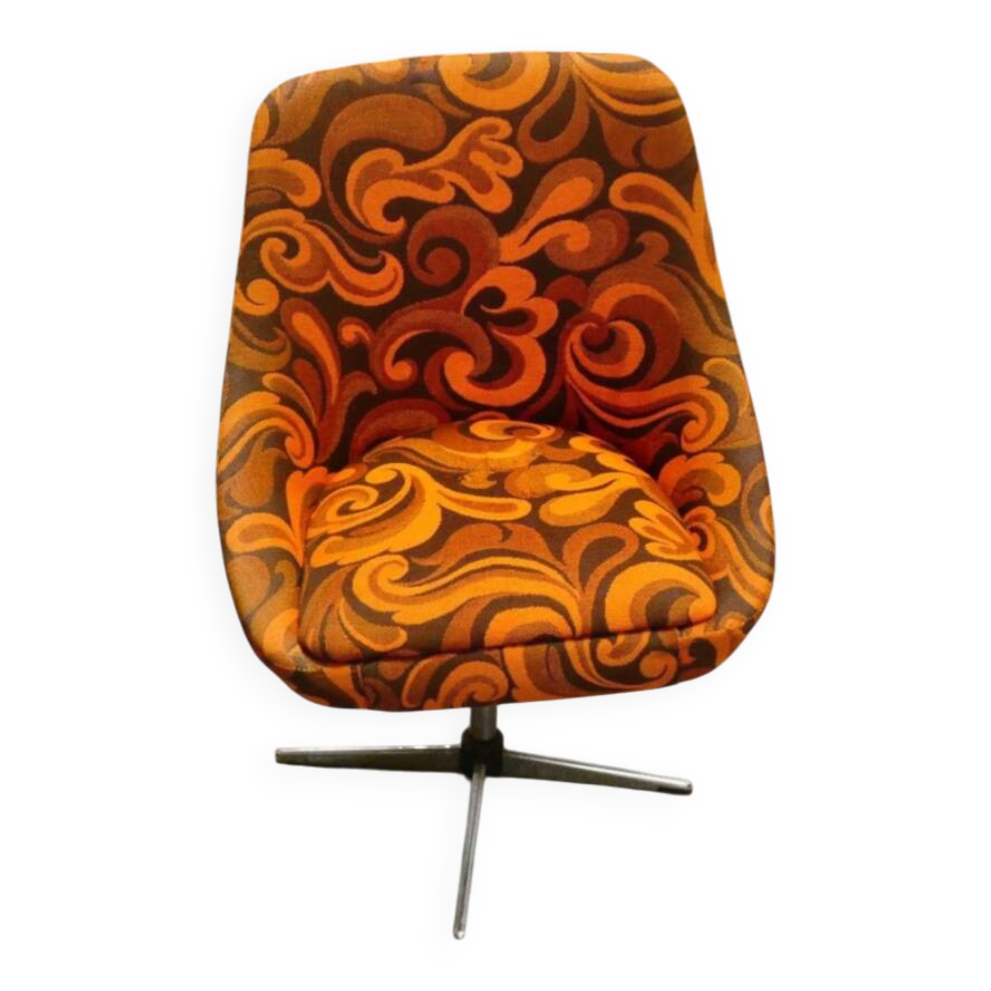 Vintage space age swivel chair with psychedelic pattern in shades of orange.