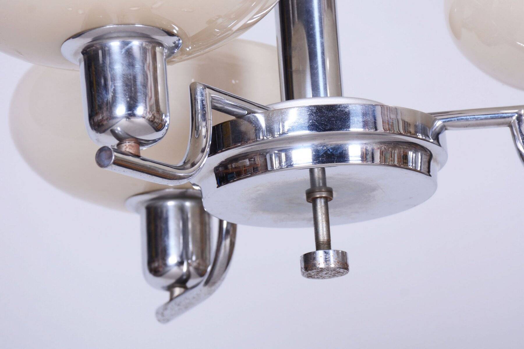 Bauhaus Chandelier in Chrome-Plated Steel and Opaline Glass, Czech, 1930s