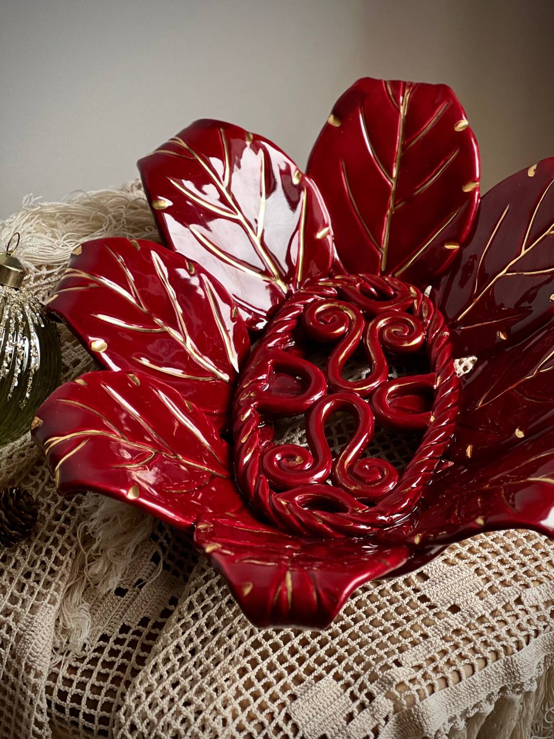 Woven ceramic basket with petals in oxblood slip / baroque style, eclectic