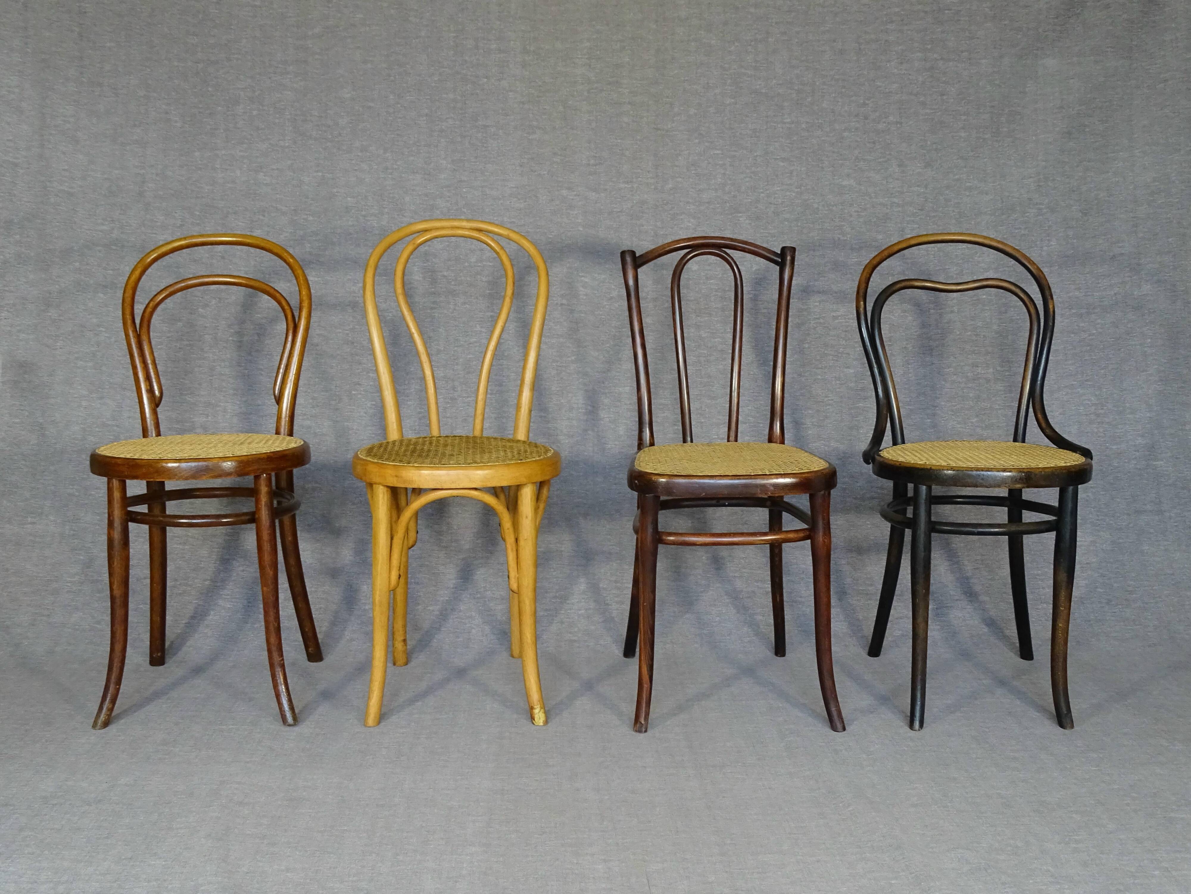 4 mismatched bistro chairs in wood and cane, Thonet, Horgen circa 1910