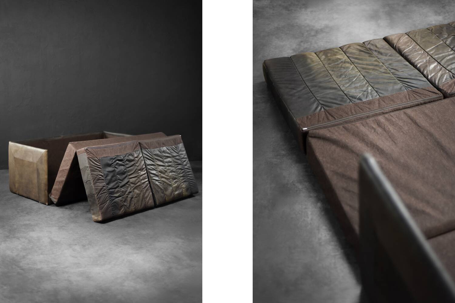 Vintage Mid-Century Modern German Brutalist 2-Seater Brown Leather Bed Sofa