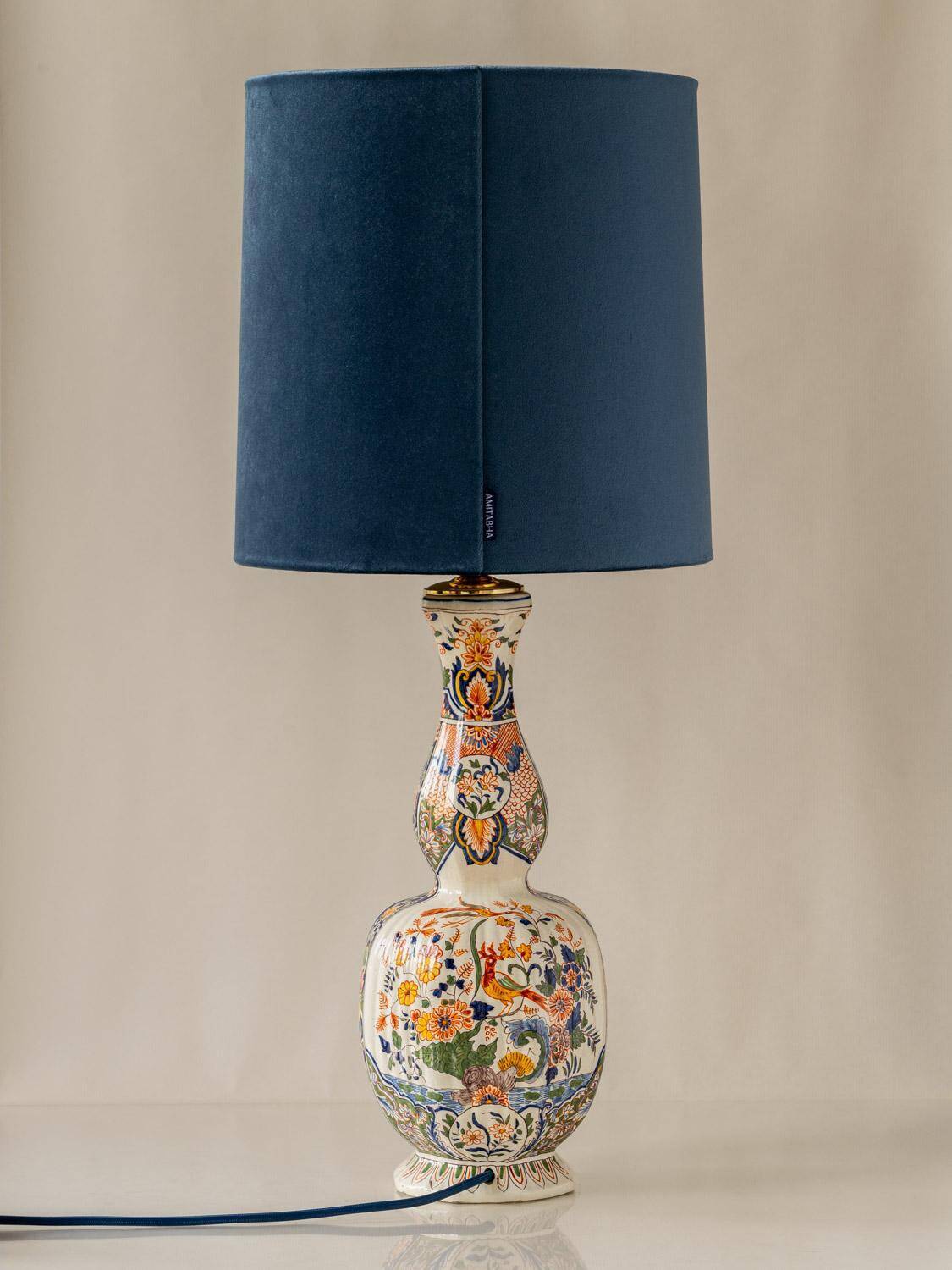 Delft-style ceramic table lamp from France around 1900 with a new blue velvet shade.