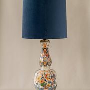 Delft-style ceramic table lamp from France around 1900 with a new blue velvet shade.