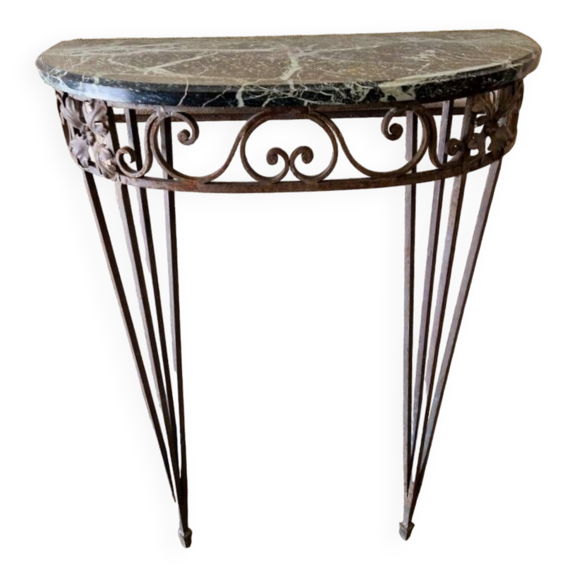 Half moon console - Wrought iron and green marble top - Design 1940
