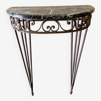 Half moon console - Wrought iron and green marble top - Design 1940