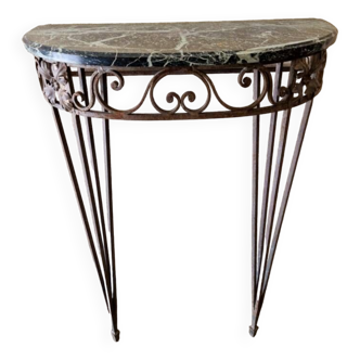 Half moon console - Wrought iron and green marble top - Design 1940
