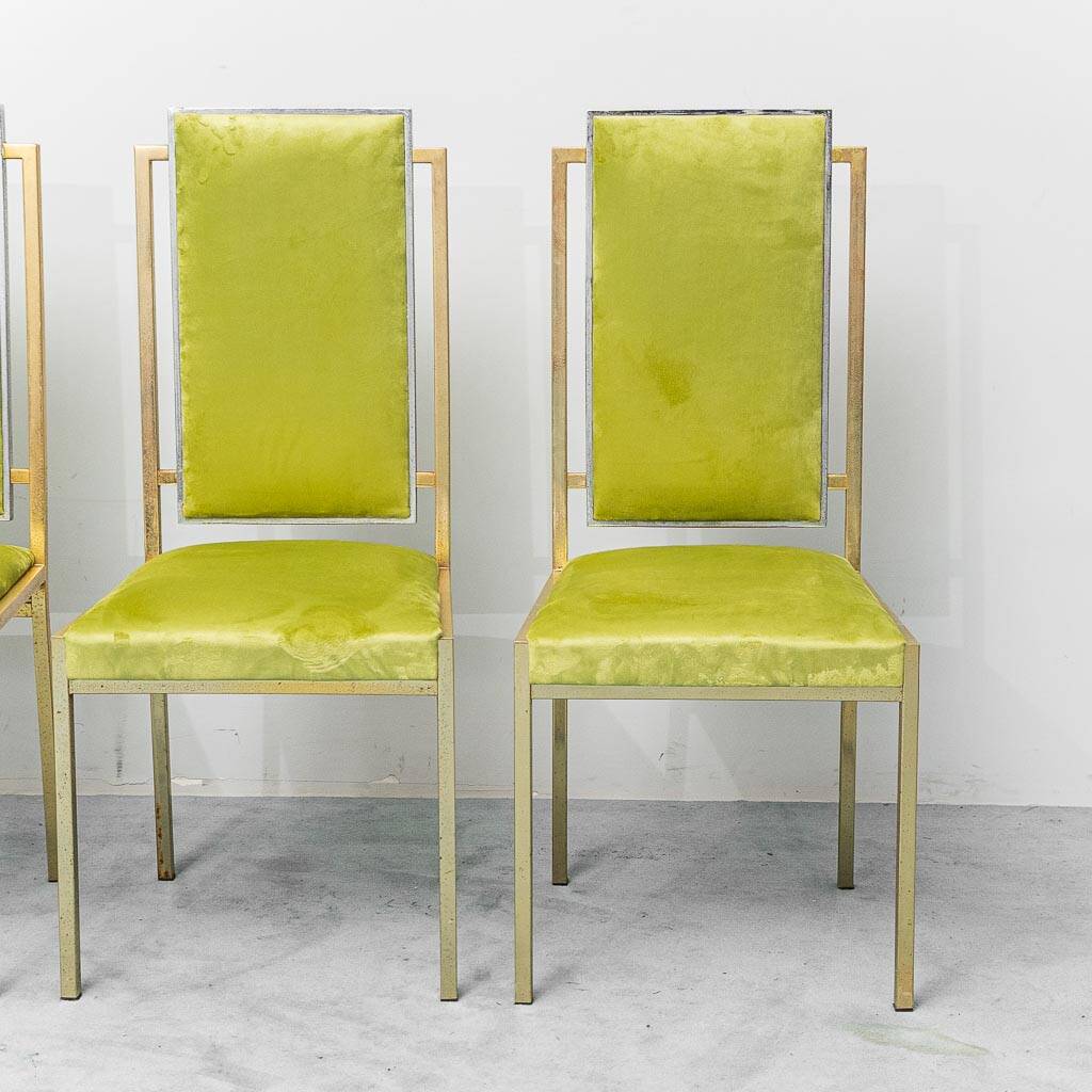 Set of 4 vintage metal and green velvet chairs, 1970s modernist