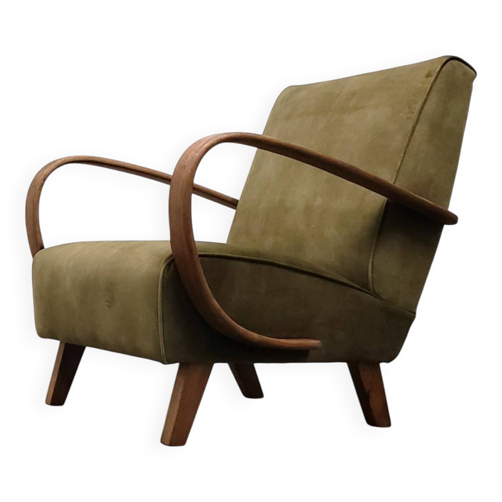 1930 Jindrich Halabala Bentwood Armchair in Forest Green Velvet