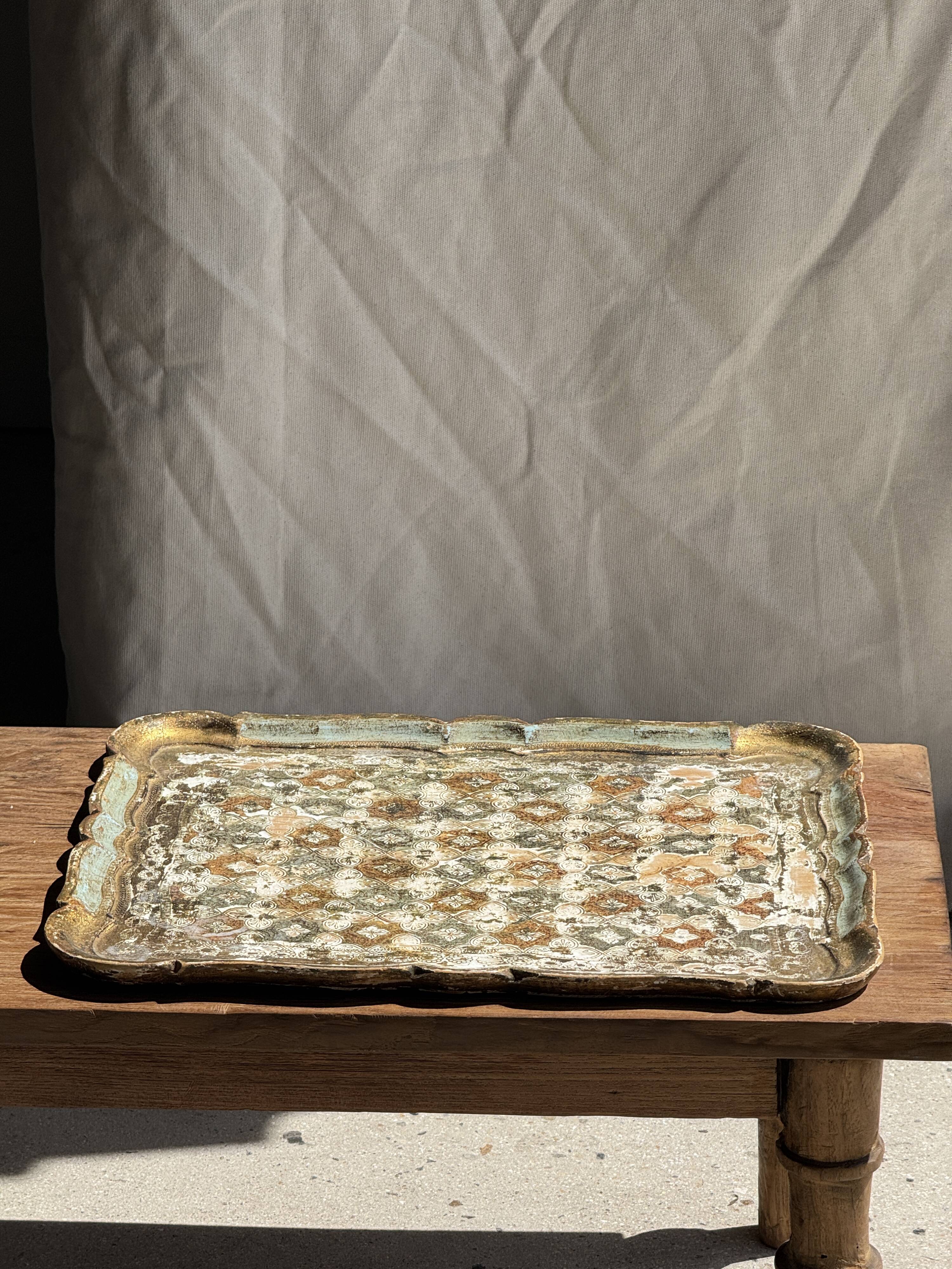 Large wooden tray hand-painted with blue and gold floral ornaments L48x38