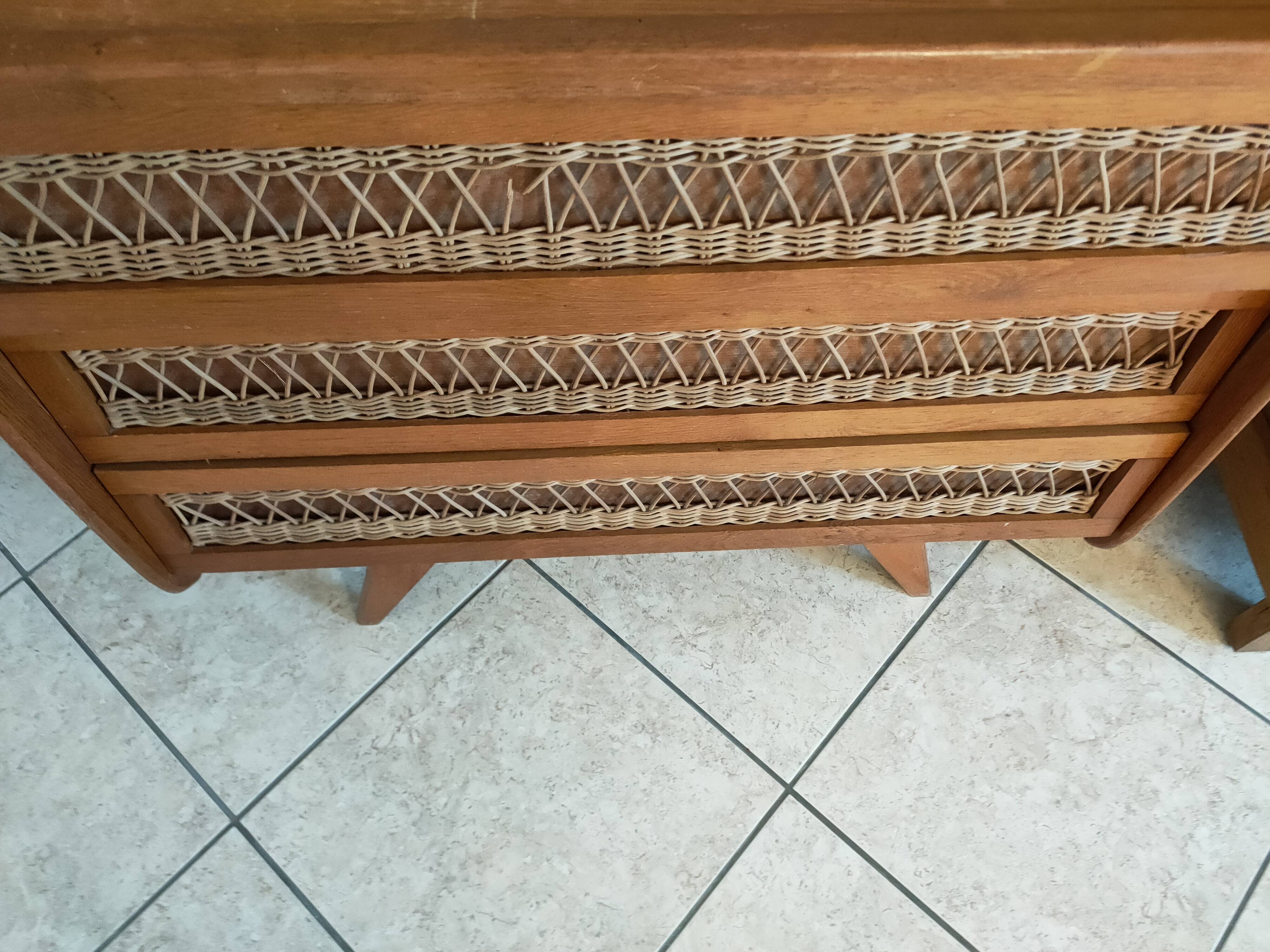 Vintage rattan and oak chest of drawers from the 1960s