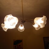 Gilded metal chandelier, 5 branches, opaque glass cupola - 60s/70s