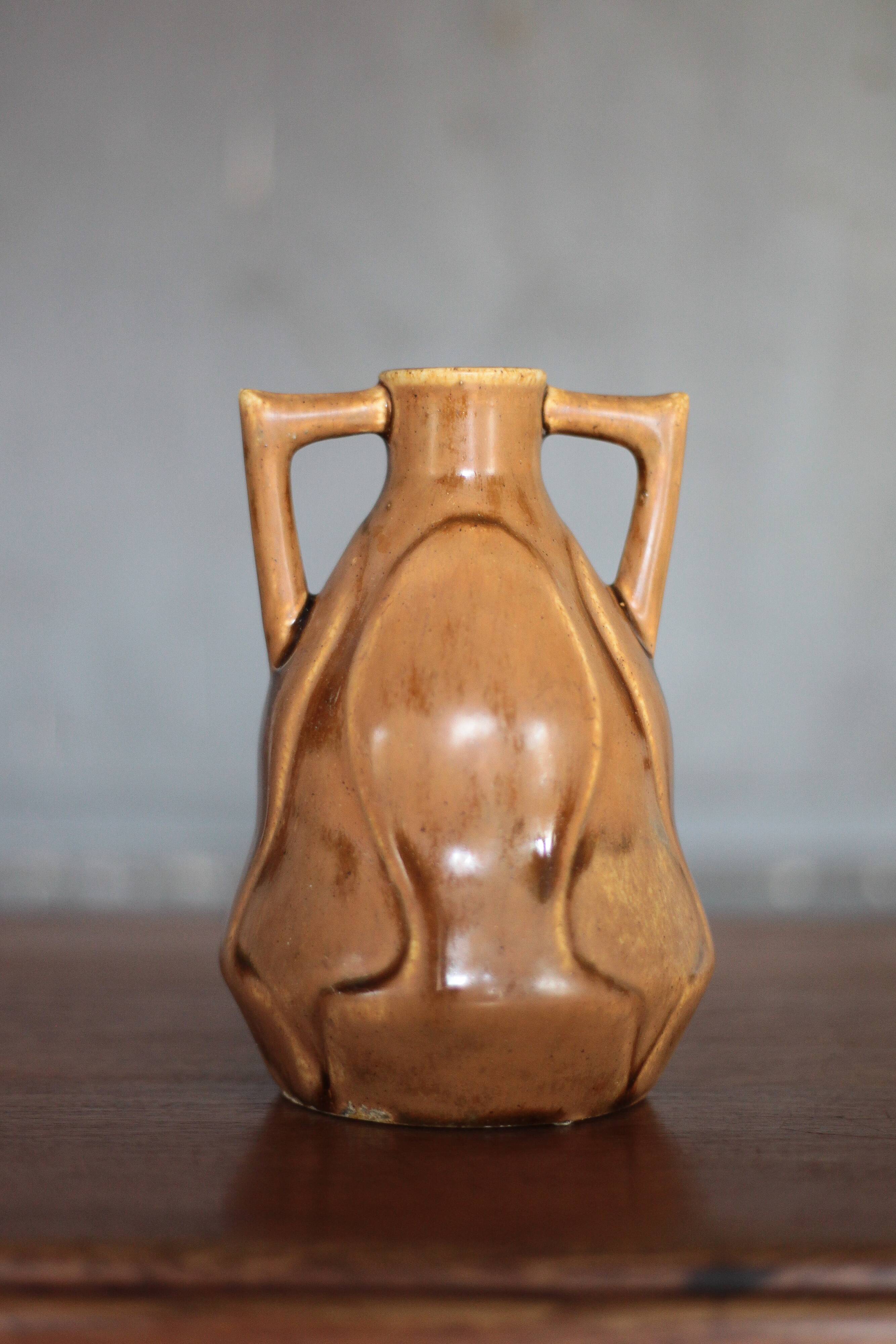 Vintage glazed ceramic vase, small vase with handles, interior decoration