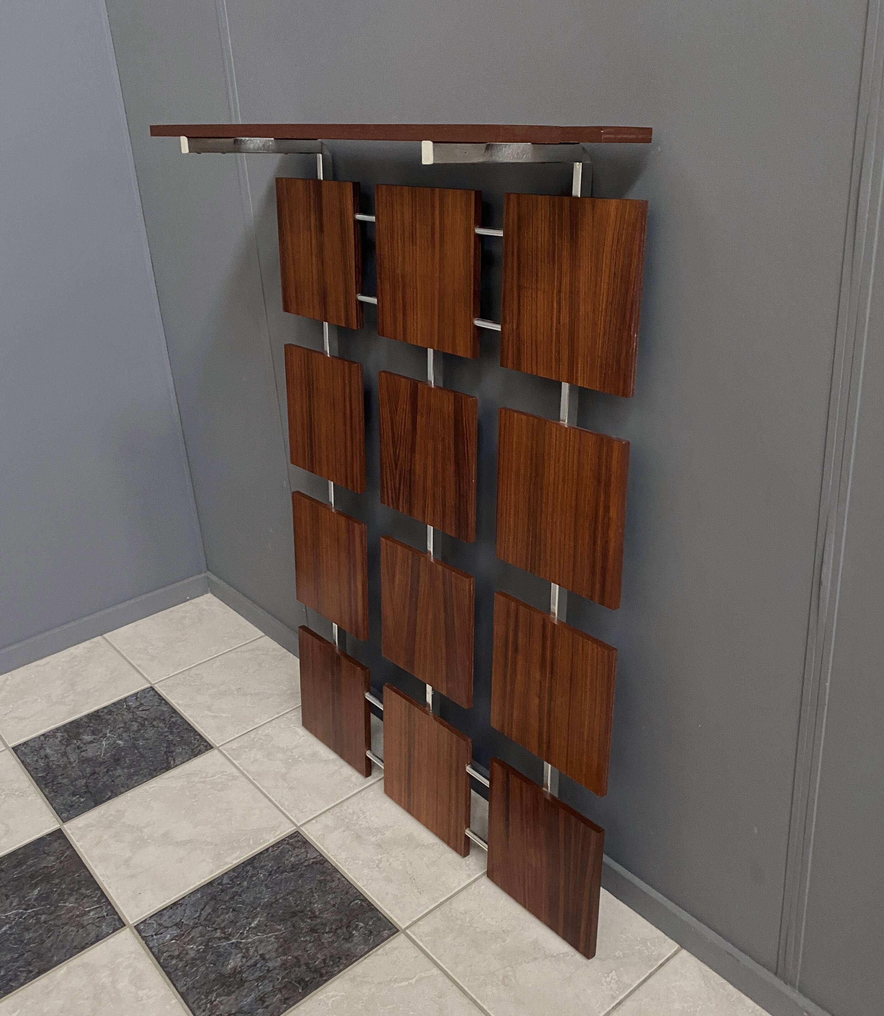 Coat rack wall unit in palisander wood veneer and chrome 1960s
