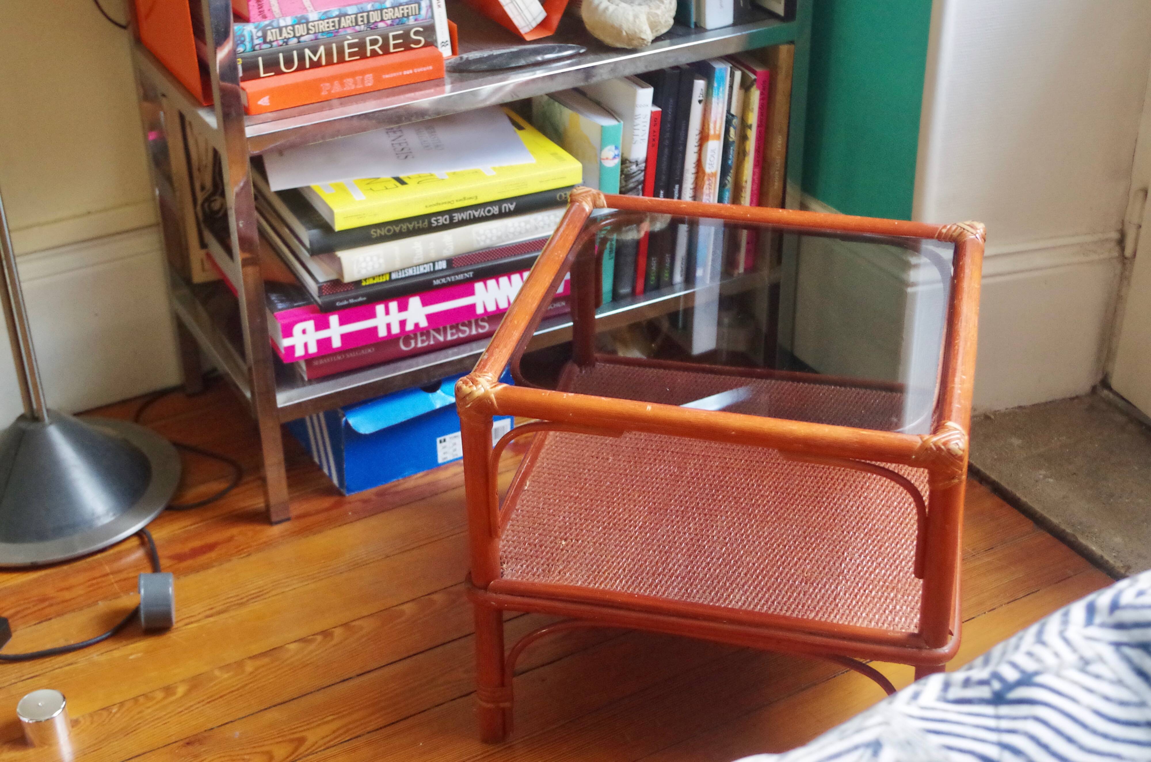 Varnished rattan coffee table and smoked glass top