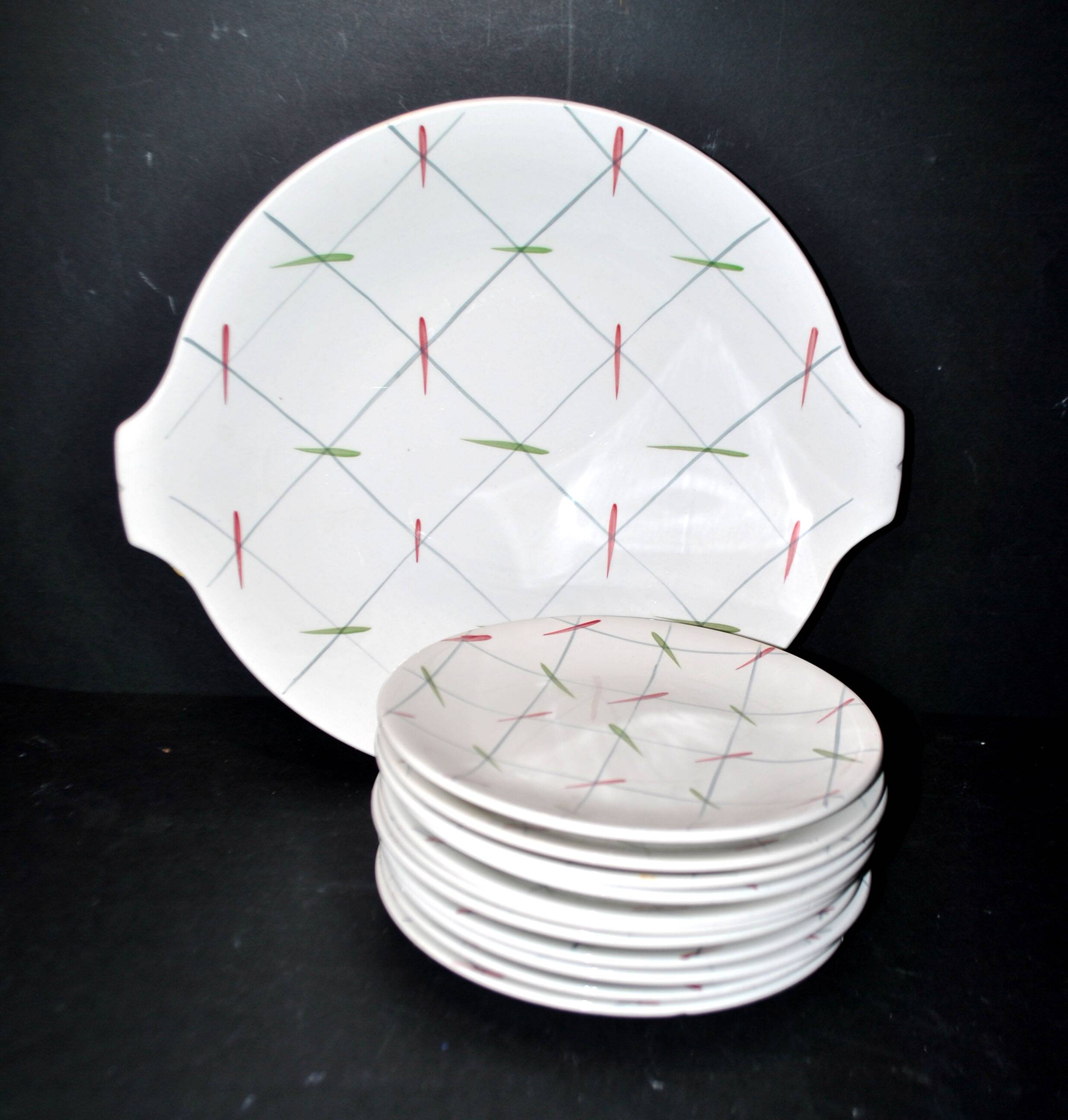 11 Vintage Ceramic Dessert Plates and Pie Dish with Tile Decor