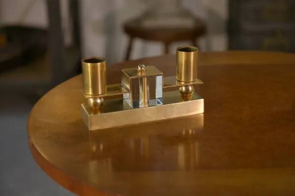 Pair of brass and Bohemian crystal wall lights in the style of Jean Royère, 1940s