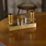 Pair of brass and Bohemian crystal wall lights in the style of Jean Royère, 1940s