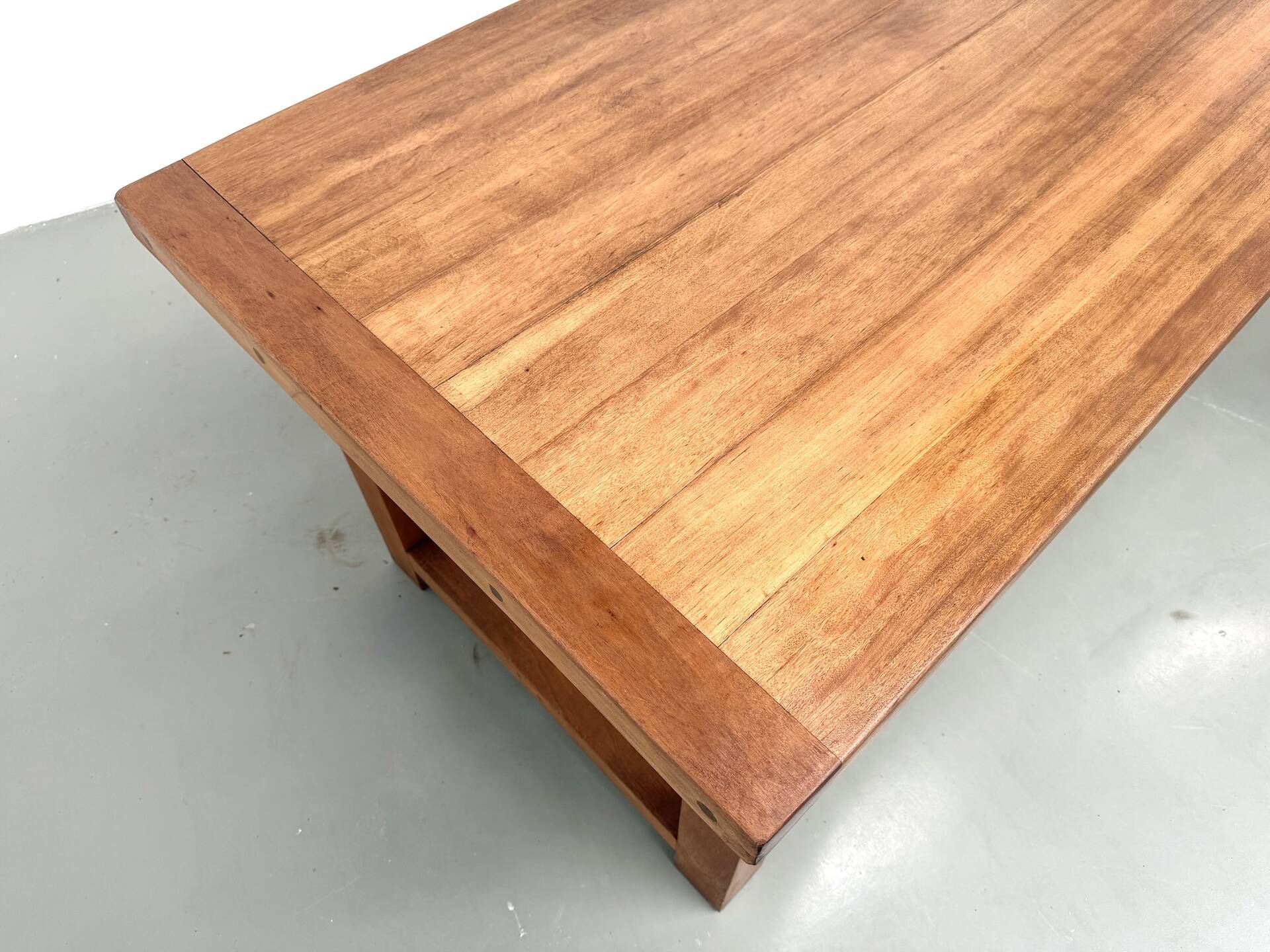 Large modernist farmhouse table in solid beech, thick dowelled top.