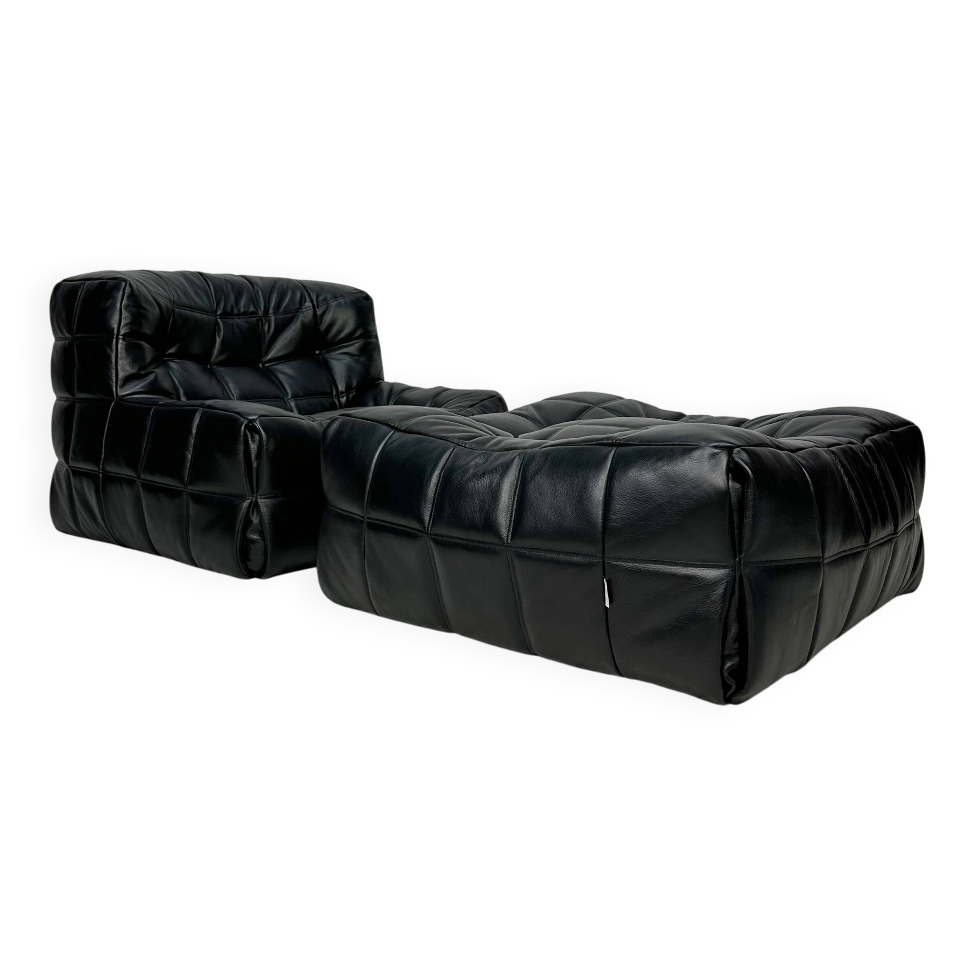 ‘80s vintage leather Kashima 1-seater + ottoman by Michel Ducaroy for Ligne Roset