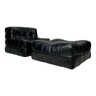 ‘80s vintage leather Kashima 1-seater + ottoman by Michel Ducaroy for Ligne Roset