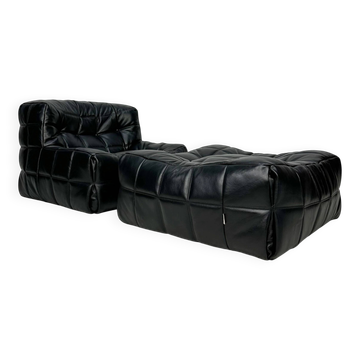 ‘80s vintage leather Kashima 1-seater + ottoman by Michel Ducaroy for Ligne Roset