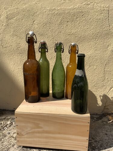 Lot 6 bouteilles en verre soufflé bière limonade vin déco bistro bar ancien