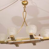 Art Decò Seguso Oval Mid-Century Six- Light Murano Glass and Brass Chandeli