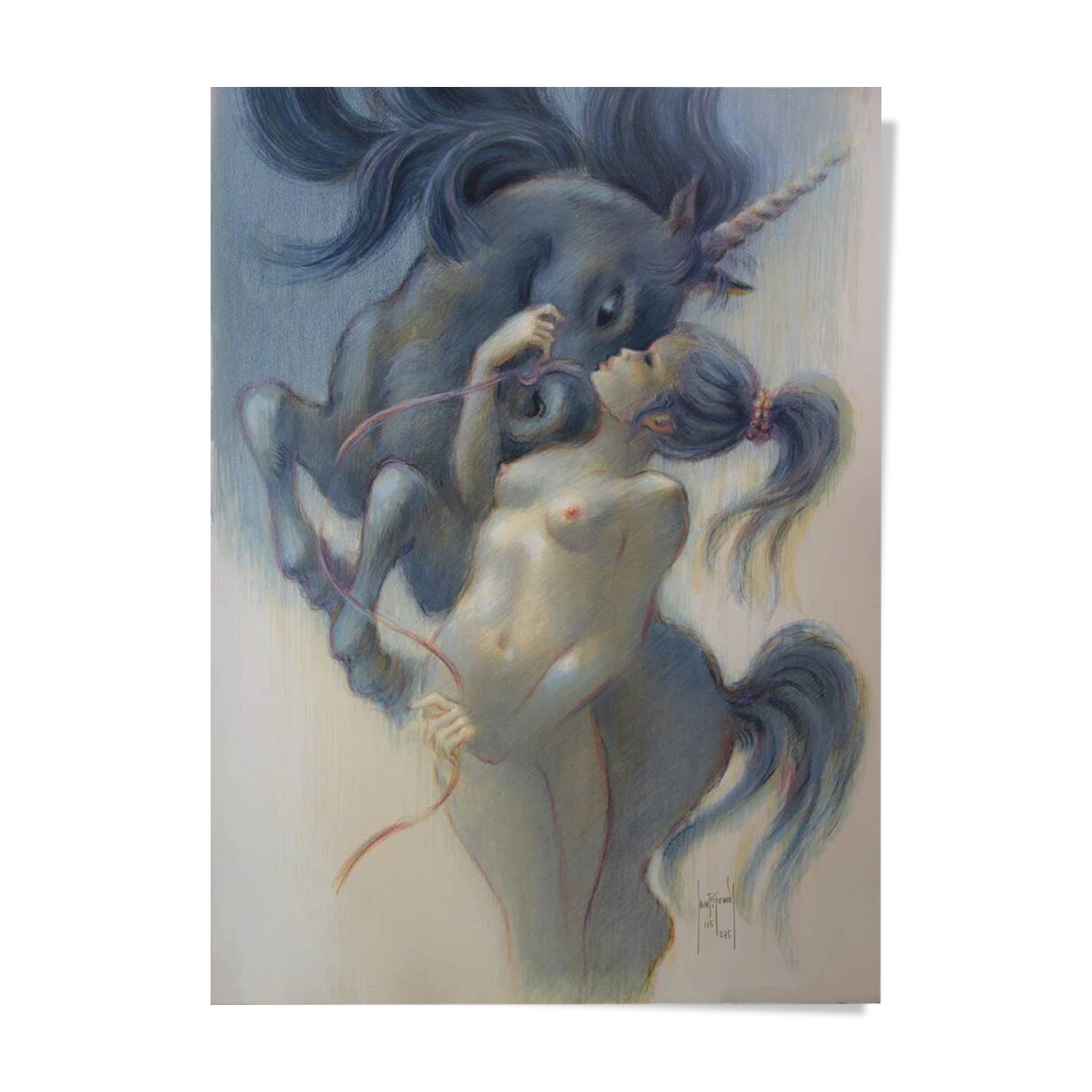Francis DE SAINT GENIES: Young Girl with a Unicorn, original signed lithograph