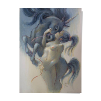 Francis DE SAINT GENIES: Young Girl with a Unicorn, original signed lithograph