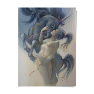 Francis DE SAINT GENIES: Young Girl with a Unicorn, original signed lithograph
