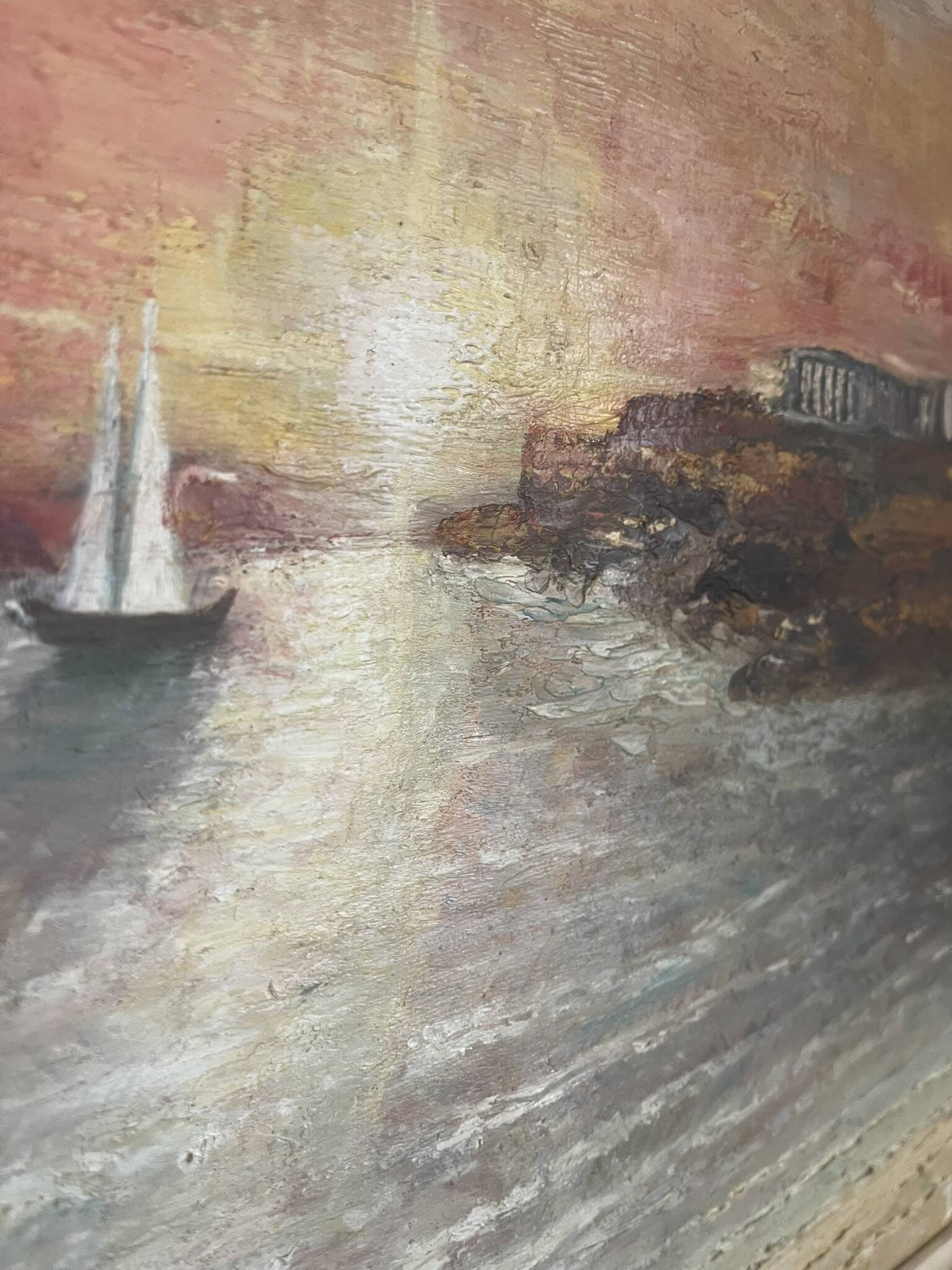 Oil Painting Canvas Sunset Boat Sea Sailboat Frame 62x