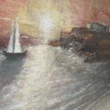 Oil Painting Canvas Sunset Boat Sea Sailboat Frame 62x