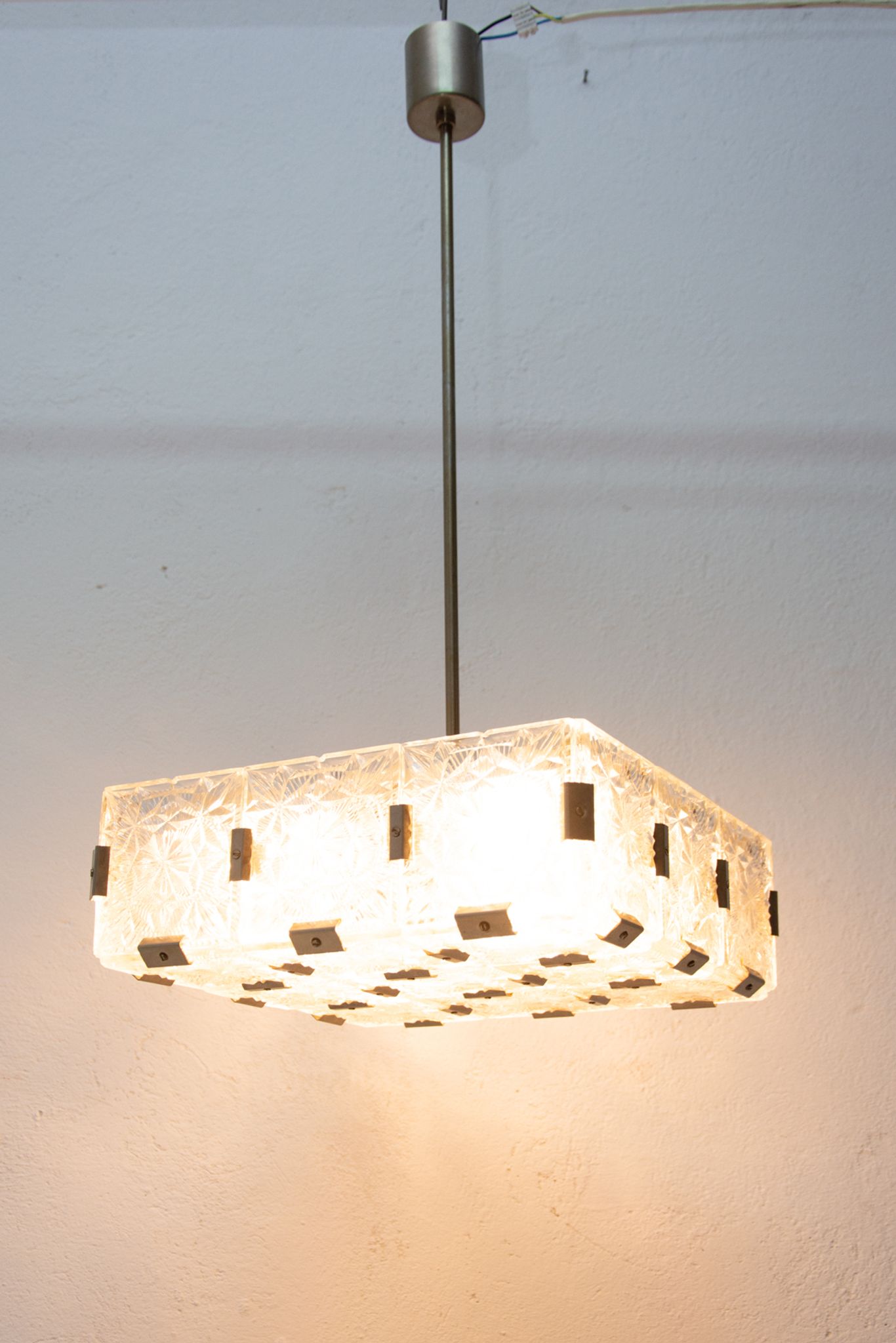Glass and chromed steel pendant lamp by Kamenický Senov, 1970