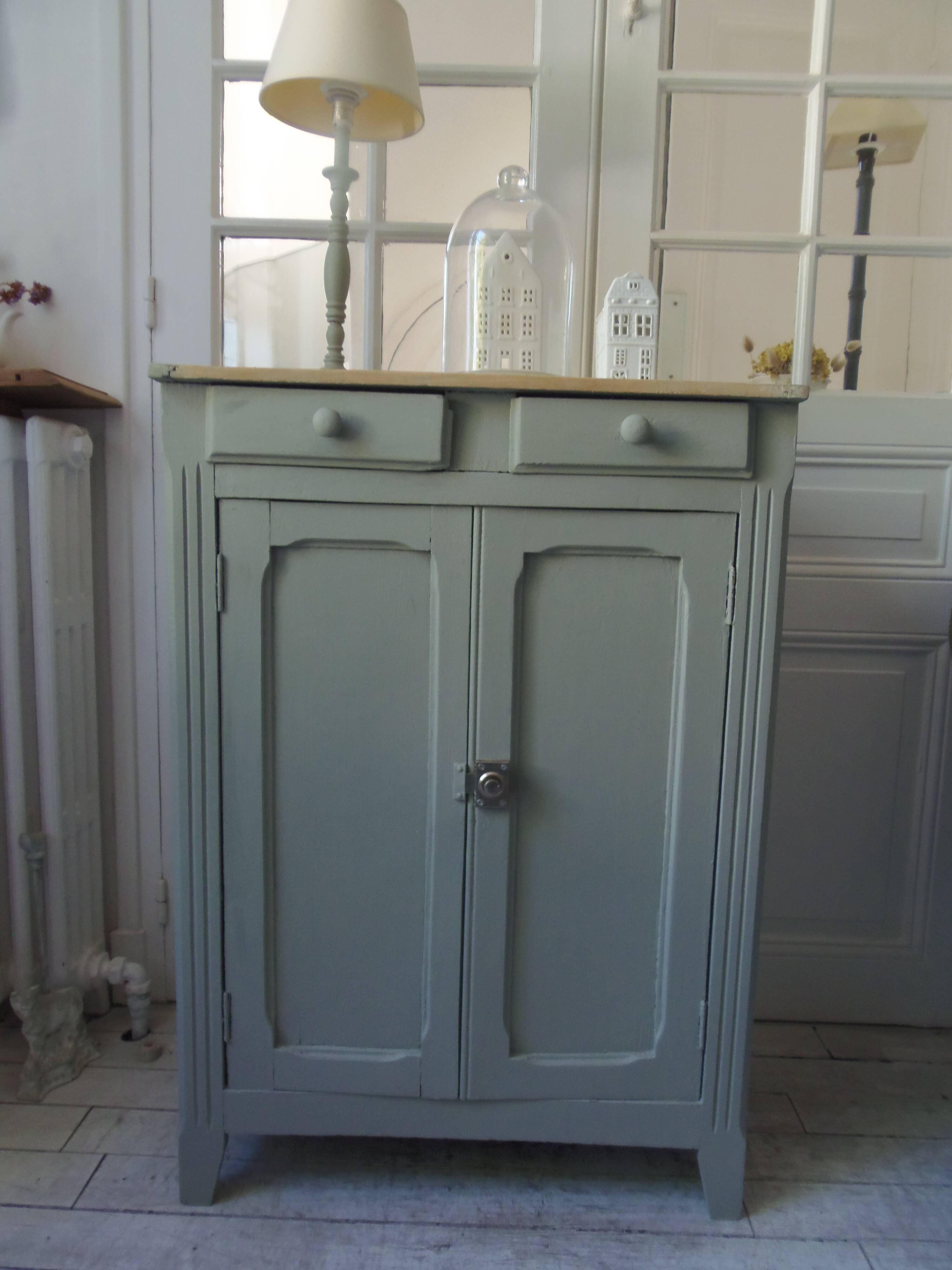 Small vintage Parisian sideboard with 2 doors and 2 drawers, enhanced in verdigris