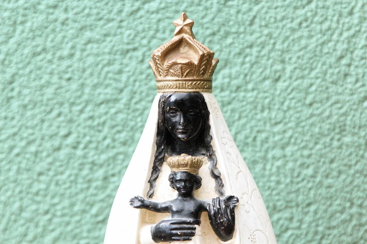 Virgin and Child in plaster, Notre Dame de Liesse, signed Bacci