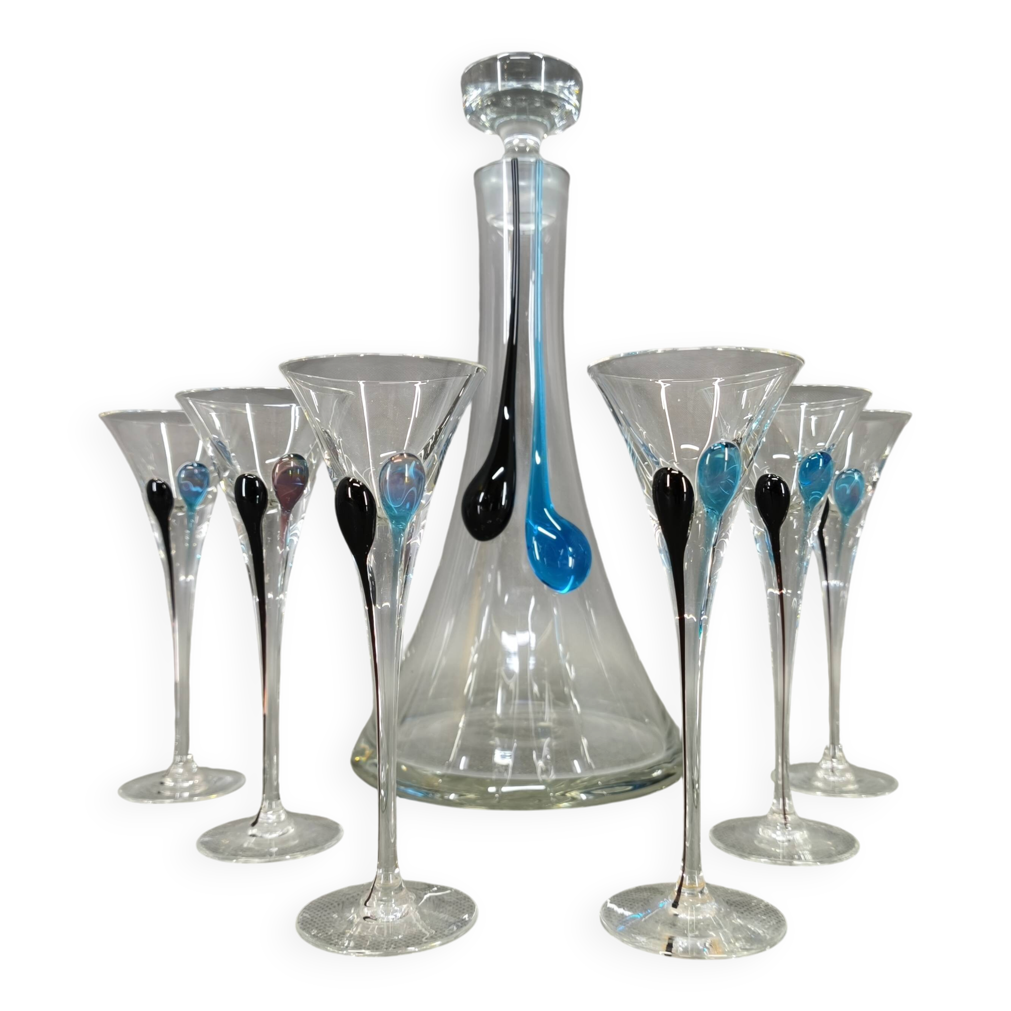 Hand-blown crystal carafe Bohemian Crystalex and a set of six glasses, 1990s.