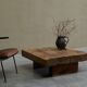 Table basse carrée style Wabi Sabi en chêne massif années 1960