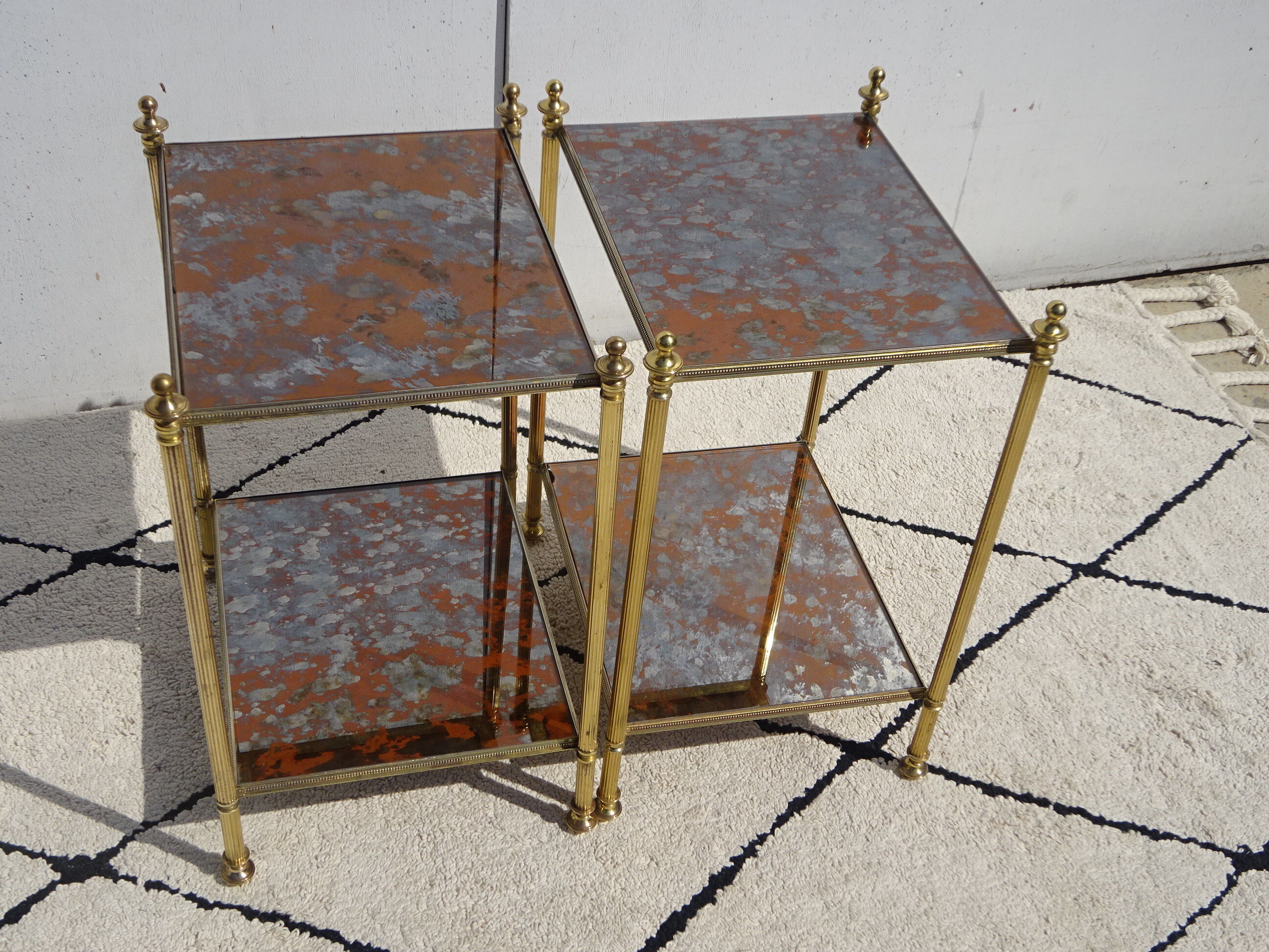 Pair of bedside tables in gilded brass and glass, midcentury