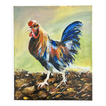 Oil on canvas, Colourful rooster painted with a knife in bright colours, Ballarin Evelyne