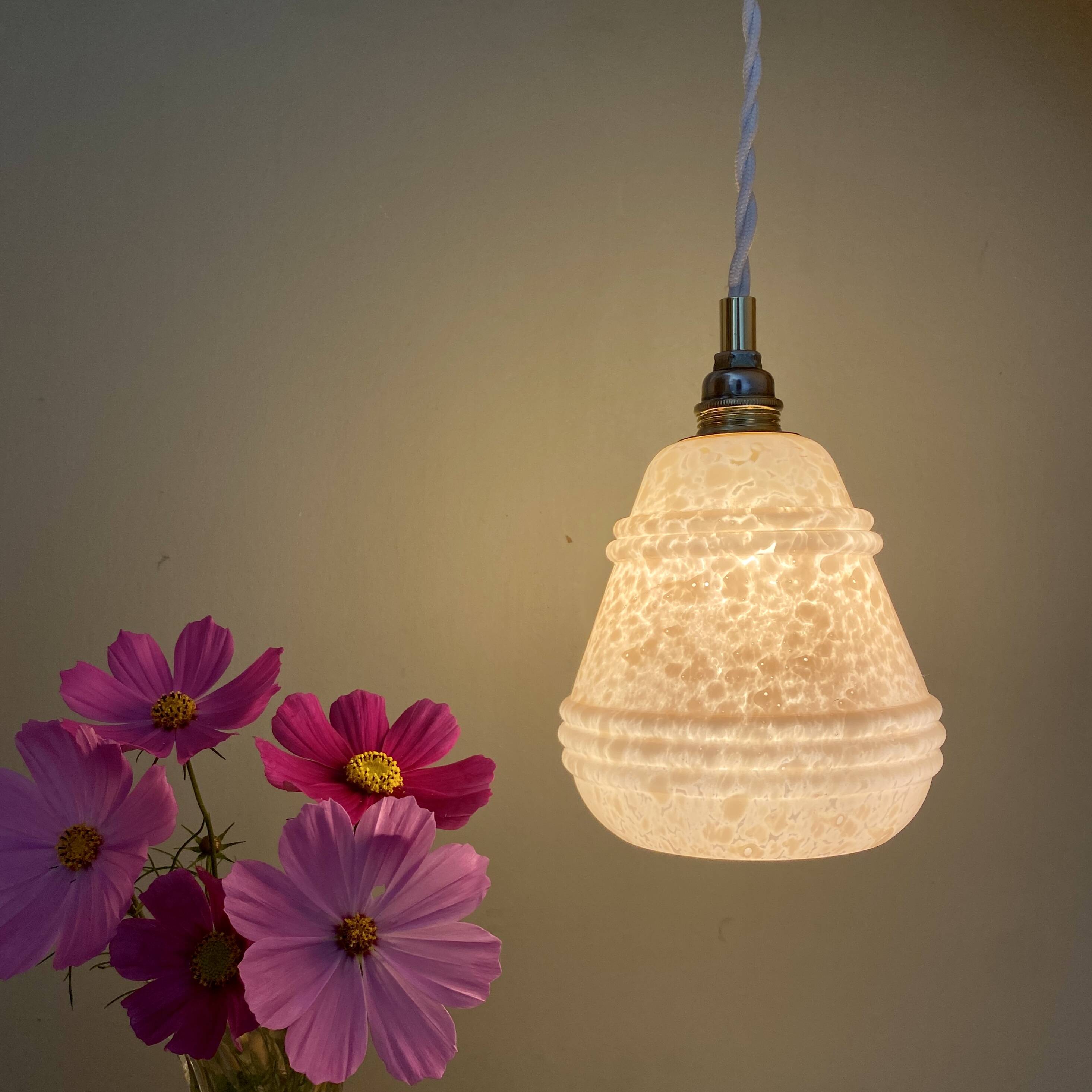Vintage tulip pendant light in pink Clichy glass